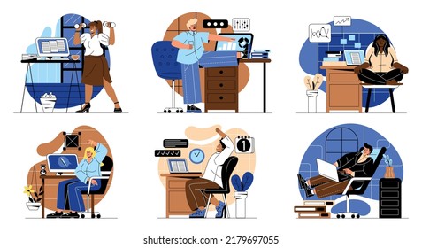 Practicing workout at workplace. Set of office workers doing physical exercise, yoga and stretching on break. Healthy lifestyle of employee. Cartoon flat vector collection isolated on white background