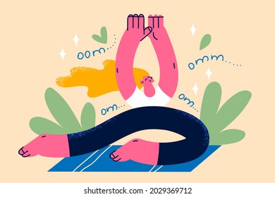 Practicing yoga and healthy lifestyle concept. Young smiling positive blonde girl cartoon character practicing yoga positing doing training class feeling happy vector illustration 