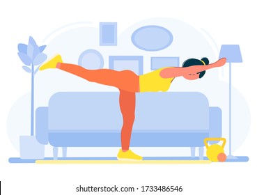 Practicing yoga at home. Enjoying meditation. Woman doing workout indoor. Healthy lifestyle. Relaxed young woman enjoying rest. Trendy vector illustration in flat cartoon style.