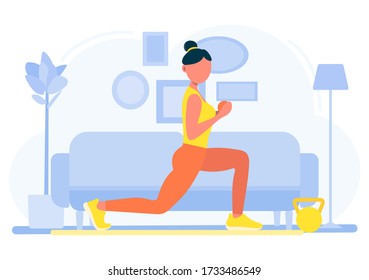 Practicing yoga at home. Enjoying meditation. Woman doing workout indoor. Healthy lifestyle. Relaxed young woman enjoying rest. Trendy vector illustration in flat cartoon style.