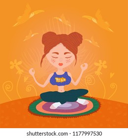  Practicing yoga. Vector illustration. Young and happy woman meditates.