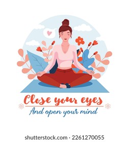 Practicando la ilustración vectorial del yoga. Una mujer joven y feliz medita