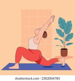 Practicing yoga. Vector illustration. Young and happy woman meditates.