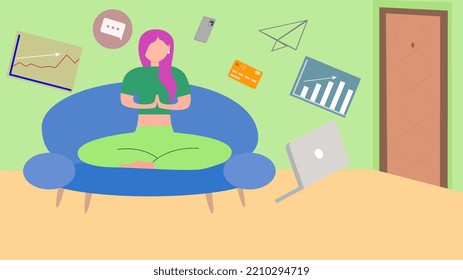 Practicing Yoga in work. The girl sits in the lotus position, the thought process, the inception, and the search for ideas. Vector illustration concept of businesswoman practicing meditation .