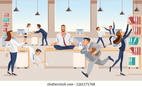 Practicing Yoga at Workplace Flat Vector Concept with Businessman or Company Employee Meditating, Sitting in Lotus Pose on Desk in Middle of Noisy Office with Busy and Hurrying Colleagues Illustration