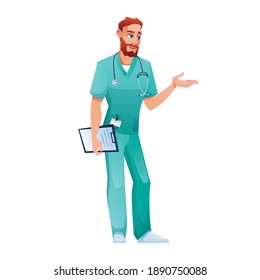 Practitioner in blue scrub top and pants, speaking and gesturing isolated doctor. Vector medical worker with folder with prescription or therapy list appointment to patient. Bearded physician