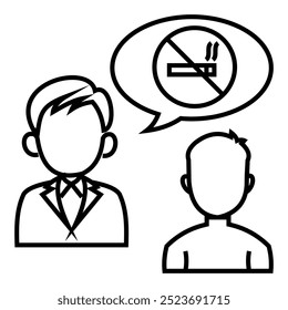 Practitioner consultant doctor businessman talk consultation discussion with patient, client, employee about cigarette icon vector. Bubble chat line symbol illustration.