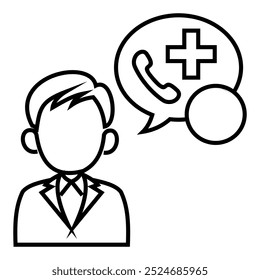 Practitioner consultant doctor talk consultation discussion about emergency aid call icon vector. Bubble chat, phone and cross line symbol illustration.