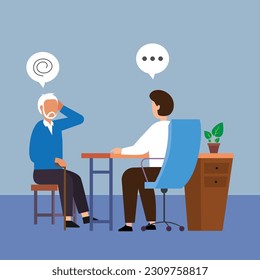 Practitioner doctor and senior patient in a clinic 2d vector illustration concept for banner, website, illustration, landing page, flyer, etc.