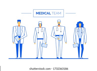 Practitioner doctor surgeon medical team clinic staff. Hospital health profession people group. Healthcare medicine insurance. Consultation, diagnosis, treatment. Medic in uniform hold patient card