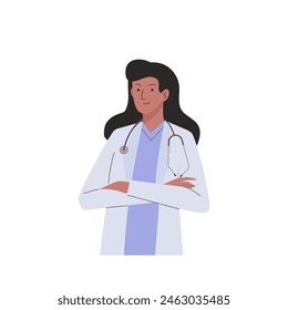 The practitioner doctor woman with stethoscope. Medic female character wearing professional uniform. Vector flat cartoon illustration