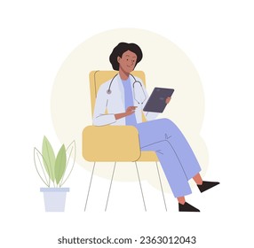 The practitioner doctor woman with stethoscope sitting in the chair with tablet. Medic consultation and diagnosis. Workplace in hospital medical office. Vector flat cartoon illustration