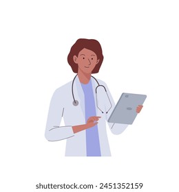 El médico practicante de la mujer con el estetoscopio con la tableta. Consulta médica y diagnóstico. Lugar de trabajo en el consultorio médico del hospital. Ilustración plana de dibujos animados de Vector