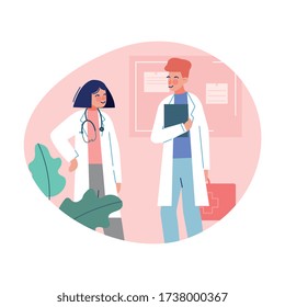 Practitioner Doctors Standing Together and Talking in Medical Office, Medical Staff Vector Illustration