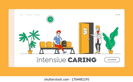 Practitioner Inviting Next Client for Consultation Landing Page Template. Patient Man Character Sitting in Clinic or Hospital Hallway Waiting Doctors Appointment. Linear People Vector Illustration