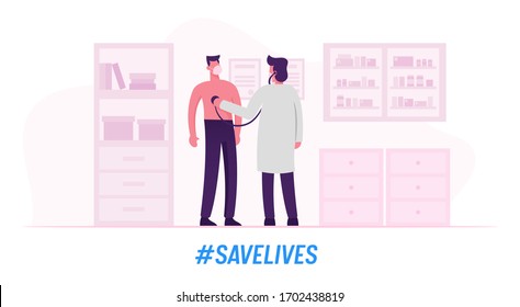 Practitioner In Medical Mask With Stethoscope Listen Patient Character Heart Beating In Doctor Therapist Office. Covid19 Medicine Appointment And Medical Check Up. Cartoon Vector People Illustration