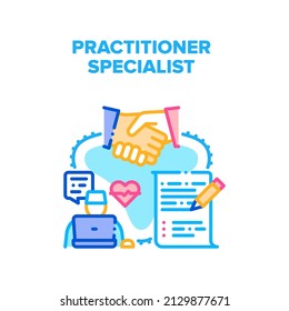 Practitioner Specialist Vector Icon Concept. Patient Signing Contract With Practitioner Specialist For Examining Health And Treatment Disease. Online Consultation Color Illustration