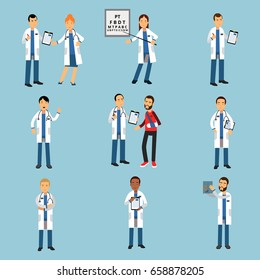 Practitioner young doctors set, hospital medical staff detailed colorful Illustrations