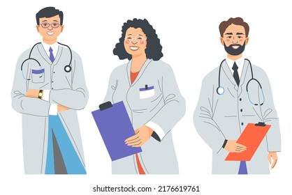 Practitioners or therapists, isolated doctors with stethoscopes and documents. Therapists taking care of patients and conduct experiments. Team of scientists of interns. Vector in flat style