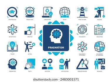 Pragmatism icon set. Epistemology, Prediction, Philosophy, Action, Theory, Practice, Criticism, Metaphysics. Duotone color solid icons