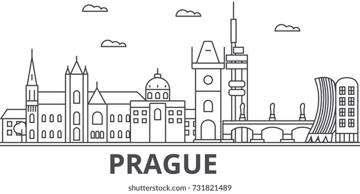 Prague architecture line skyline illustration. Linear vector cityscape with famous landmarks, city sights, design icons. Landscape wtih editable strokes