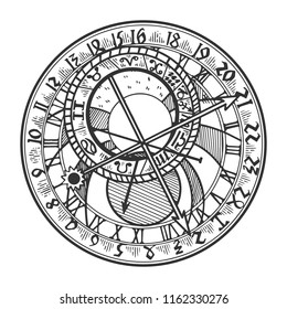 Prague astronomical clock engraving vector illustration. Scratch board style imitation. Black and white hand drawn image.