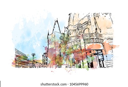 Prague Capital of the Czech Republic. Watercolor splash with Hand drawn sketch illustration in vector.