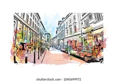 Prague Capital of the Czech Republic. Watercolor splash with Hand drawn sketch illustration in vector.