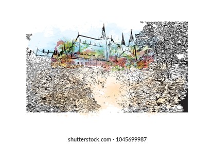 Prague Capital of the Czech Republic. Watercolor splash with Hand drawn sketch illustration in vector.