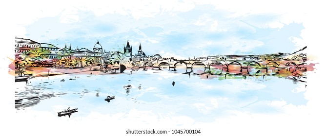 Prague Capital of the Czech Republic. Watercolor splash with Hand drawn sketch illustration in vector.