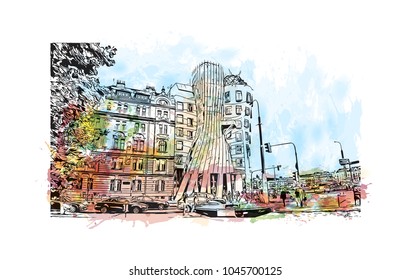 Prague Capital of the Czech Republic. Watercolor splash with Hand drawn sketch illustration in vector.