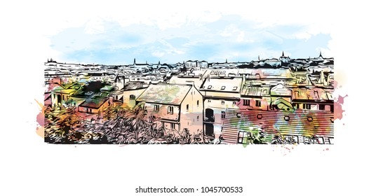 Prague Capital of the Czech Republic. Watercolor splash with Hand drawn sketch illustration in vector.