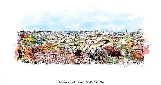 Prague Capital of the Czech Republic. Watercolor splash with Hand drawn sketch illustration in vector.