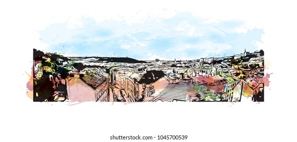 Prague Capital of the Czech Republic. Watercolor splash with Hand drawn sketch illustration in vector.