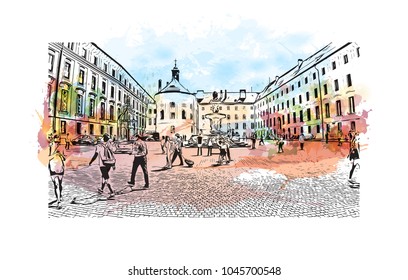 Prague Capital of the Czech Republic. Watercolor splash with Hand drawn sketch illustration in vector.