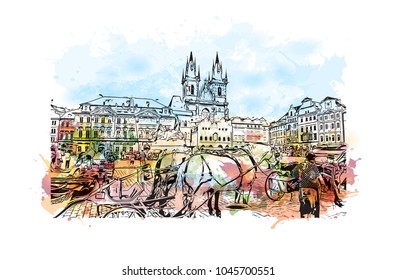 Prague Capital of the Czech Republic. Watercolor splash with Hand drawn sketch illustration in vector.