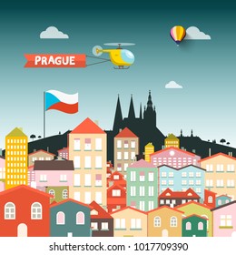 Prague Castle with Buildings. Vector Flat Design Illustraion.