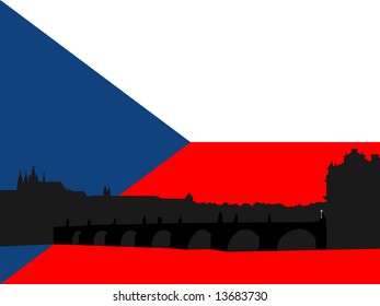 Prague Castle and Charles Bridge with flag of Czech Republic