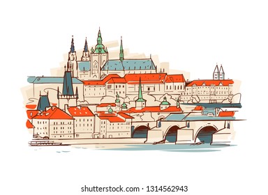 Prague Castle and Charles Bridge. Sketch