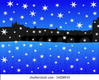 Castillo de Praga y Puente Carlos en invierno con ilustración de nieve en caída