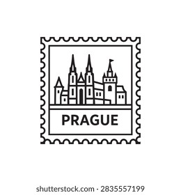 Prague castle complex postage stamp icon with Gothic cathedral spires, palace roofs and historic towers inside a perforated postal frame