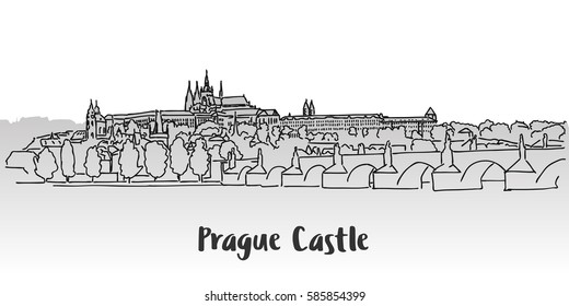 Prague Castle Greeting Card Design, Hand-drawn Vector Outline Sketch