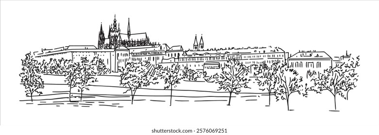 prague castle with surrounding trees in black and white hand-drawn style