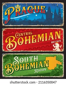 Prague, Central and South Bohemian czech regions stickers and plates. Vector travel vintage banners with heraldic crown, lion and castle, map countur and floral ornament. Touristic boards or plaques