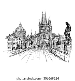 Prague, Charles Bridge, Czech Republic. Vector sketch