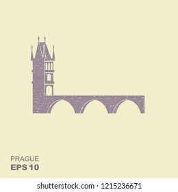 Prague Charles Bridge vector Illustration. Flat icon with scuffed effect