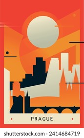 Prague city brutalism poster with abstract skyline, cityscape retro vector illustration. Czech Republic travel front cover, brochure, flyer, leaflet, business presentation template image