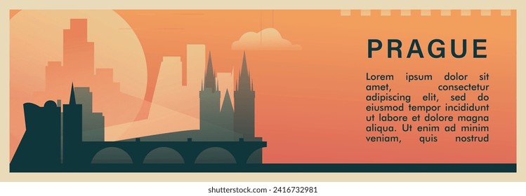 Banner vectorial del brutalismo de la ciudad de Praga con horizonte, paisaje urbano. Ilustración horizontal retro de capital de la República Checa, disposición de viaje para presentación web, encabezado, pie de página