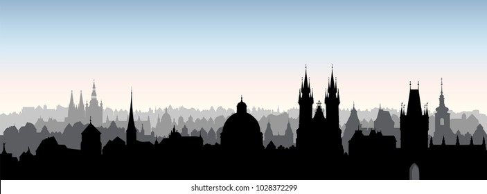 Prague city, Chezh Republic. Urban skyline with landmark buildings. Panoramic cityscape view. Travel background