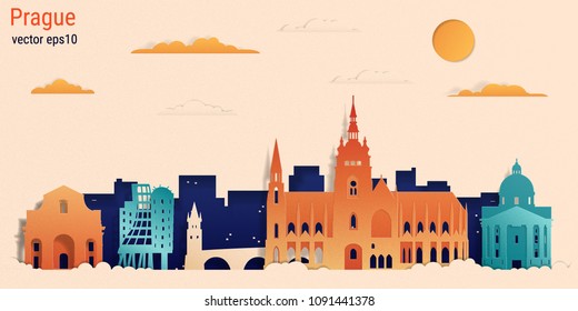 Prague city colorful paper cut style, vector stock illustration. Cityscape with all famous buildings. Skyline Prague city composition for design 